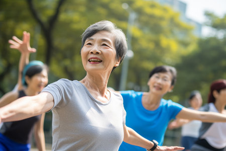 old asian woman doing exercise the in the park bokeh style backgroundの素材