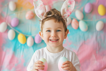 young boy kid holding colorful pastel easter eggsの素材