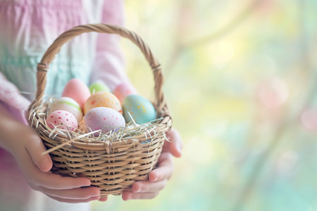 young girl hand holding colorful pastel easter eggs basketの素材