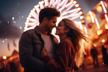 couple hugging at the amusement parkの素材