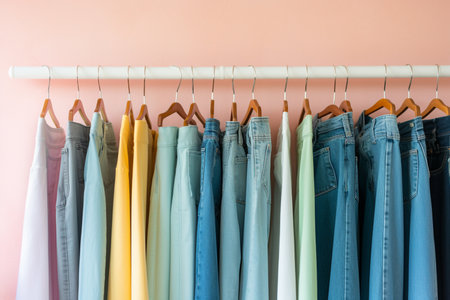 colourful jeans hanging on a rackの素材