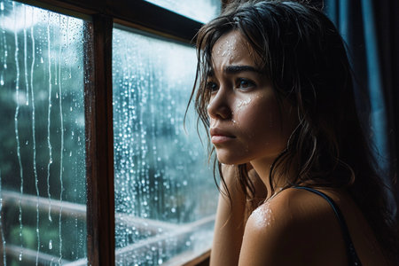 a sad girl sitting beside the window while rainingの素材