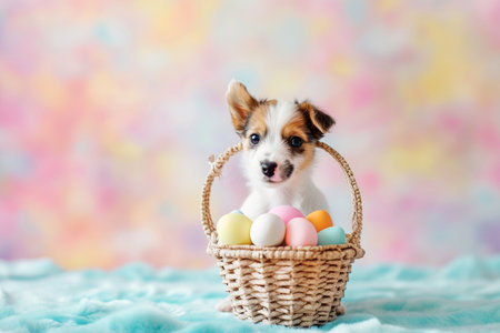 a cute puppy with colorful pastel easter eggs basketの素材