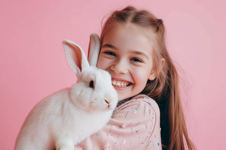 young girl kid cuddling a cute bunnyの素材