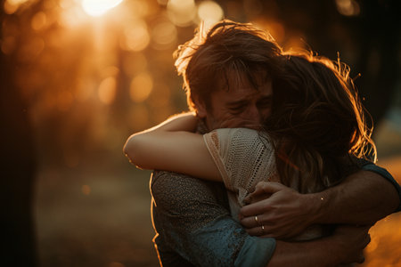 a couple hugging with sad expression bokeh style backgroundの素材