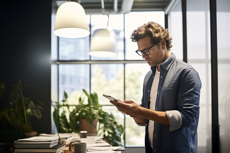 male architect working with phone in the officeの素材