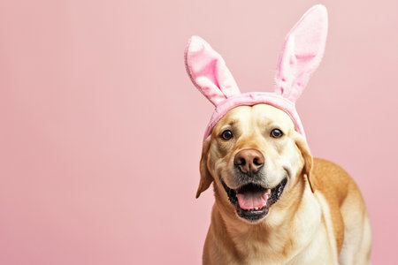 a dog wearing a bunny headbandの素材