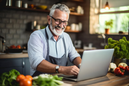 an old man searching how to cook with laptopの素材