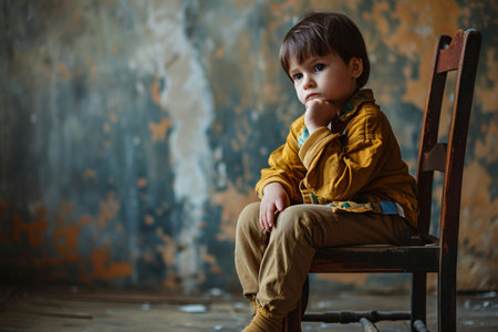 young boy kid sitting lonely in empty room with sad expressionの素材