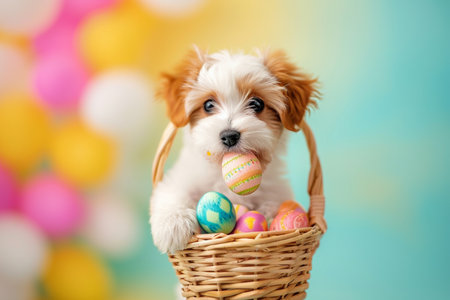 a cute puppy with colorful pastel easter eggs basket bokeh style backgroundの素材