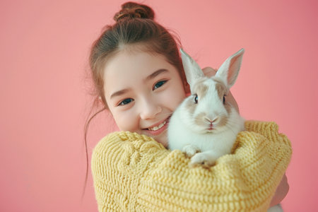 asian young girl kid cuddling a cute bunnyの素材