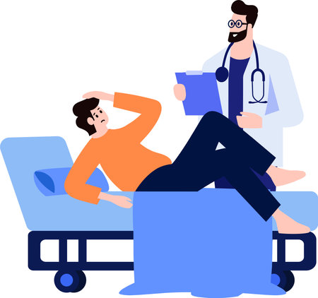 patient lying on bed and talking with doctor in flat style isolated on backgroundのイラスト素材