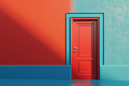 Door and house in vintage style in 3D illustration style on a colorful backgroundの素材
