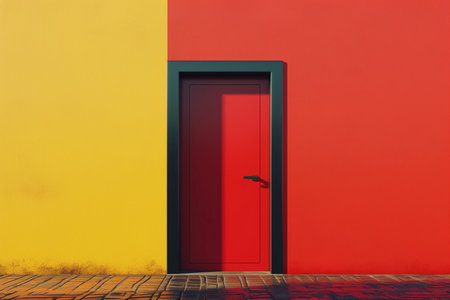 Door and house in vintage style in 3D illustration style on a colorful backgroundの素材