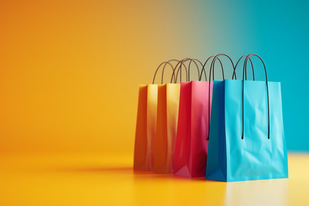 Shopping bags in the concept of online shopping in 3D illustration style on a colorful backgroundの素材