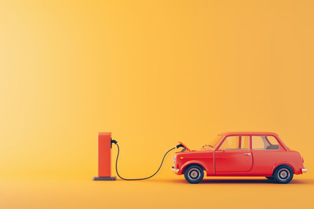 Electric cars with charging stations in 3D illustration style on a colorful backgroundの素材