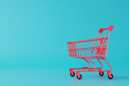 Shopping cart with the concept of shopping in 3D illustration style on a colorful backgroundの素材