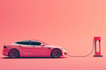 Electric cars with charging stations in 3D illustration style on a colorful backgroundの素材