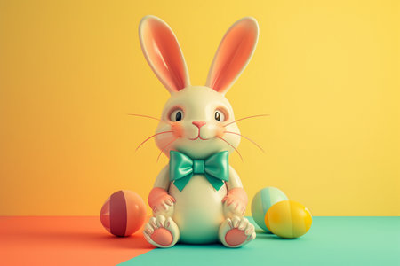 Rabbit in Easter concept in 3D illustration style on a colorful backgroundの素材