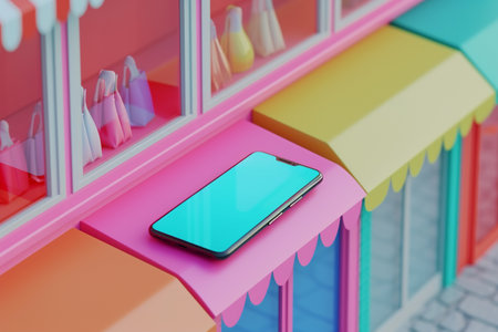 Mobile phone with store in the concept of online shopping in 3D illustration style on a colorful backgroundの素材