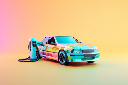 Electric cars with charging stations in 3D illustration style on a colorful backgroundの素材