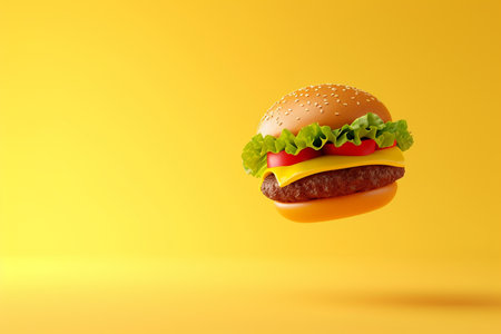 floating hamburger in 3D illustration style on a colorful backgroundの素材