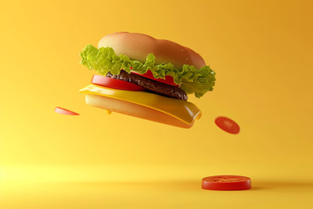 floating hamburger in 3D illustration style on a colorful backgroundの素材