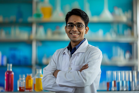 male indian scientist smiling bokeh style backgroundの素材