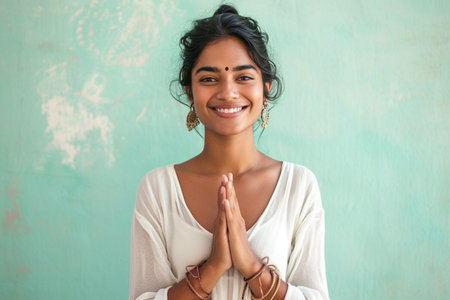 indian young woman namaste and smilingの素材