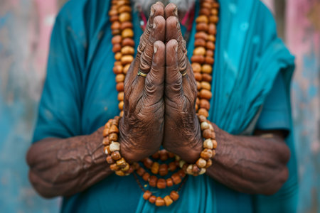 close up picture of indian man hand prayingの素材