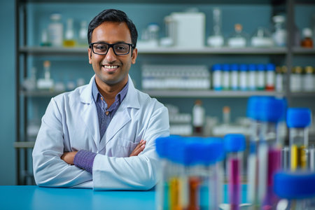male indian scientist smiling bokeh style backgroundの素材