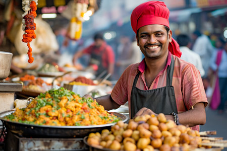 Indian spice seller man smiling bokeh style backgroundの素材
