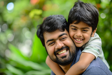 indian father giving piggyback ride to his son bokeh style backgroundの素材
