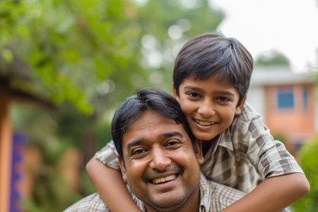 indian father giving piggyback ride to his son bokeh style backgroundの素材