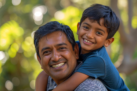 indian father giving piggyback ride to his son bokeh style backgroundの素材