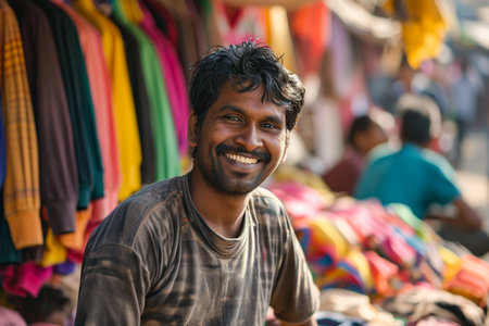 male Indian clothes seller smiling bokeh style backgroundの素材