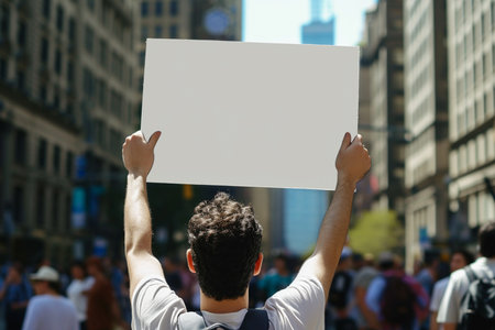 a man holding a white canvas at the town bokeh style backgroundの素材
