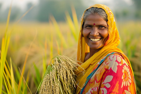 Indian female farmer working in her field bokeh style backgroundの素材