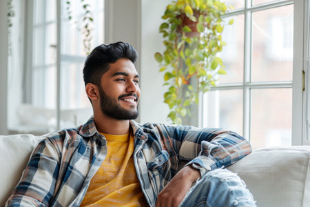 indian man sitting in living roomの素材