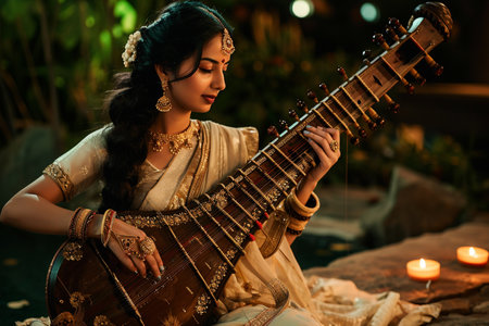 female indian sitar musician bokeh style backgroundの素材