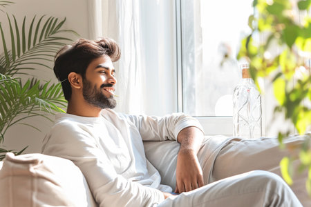 indian man sitting in living roomの素材