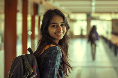 female indian student at the school on the bokeh style backgroundの素材