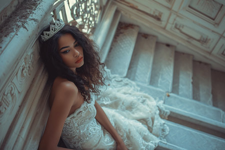 The bride wearing a crown and sitting on the stairsの素材
