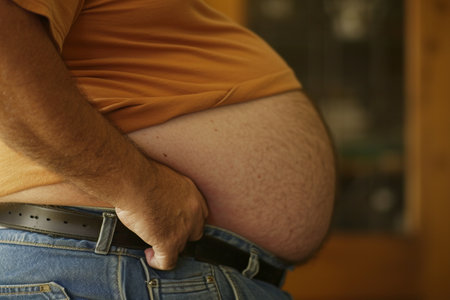 close up picture of big belly of the man bokeh style backgroundの素材