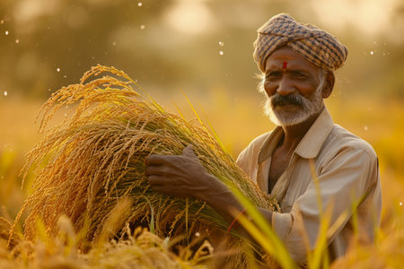 Indian male farmer working in his field bokeh style backgroundの素材