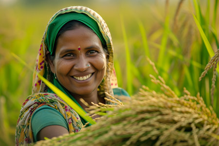 Indian female farmer working in her field bokeh style backgroundの素材
