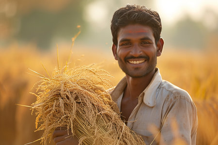Indian male farmer working in his field bokeh style backgroundの素材