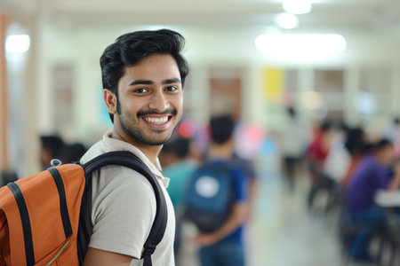 male indian student at the school on the bokeh style backgroundの素材