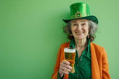 an old irish woman celebrate st.patrick's day with irish beerの素材
