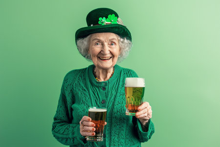 an old irish woman celebrate st.patrick's day with irish beerの素材